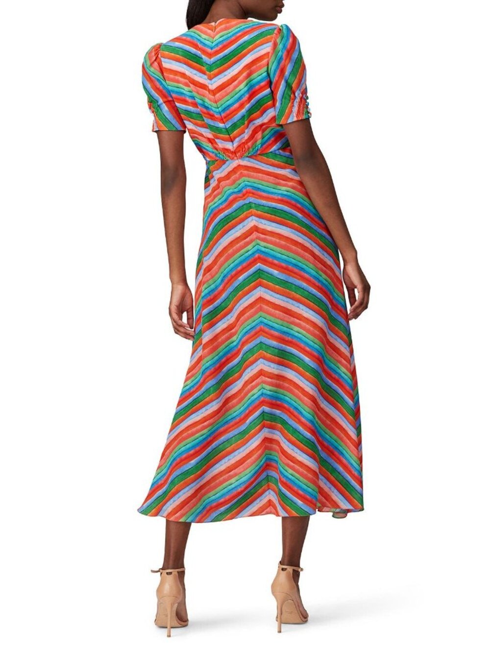 Saloni Lea Orange Red Blue Green Striped Short Sleeve Maxi Dress Women's Size 4 - Picture 3 of 13
